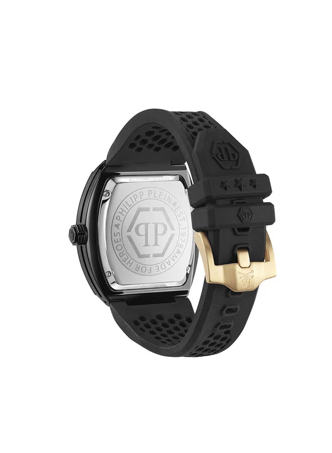 فيليب بلين THE HEXAGON PHANTOM Philipp Plein Men's 44mm Watch, Black Honeycomb Dial with Gold Accents, Silicone Strap, Swiss Quartz Movement