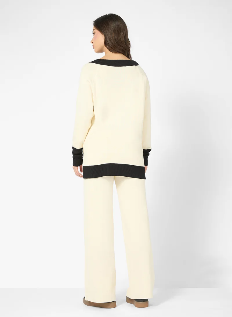 جينجر Contrast Trim Detail V Neck Sweater & Pant Set
