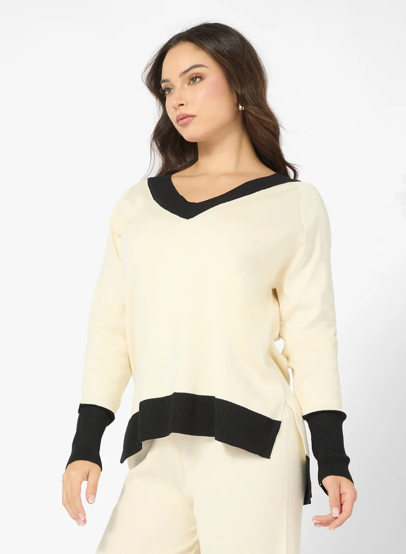 Ginger Contrast Trim Detail V Neck Sweater & Pant Set
