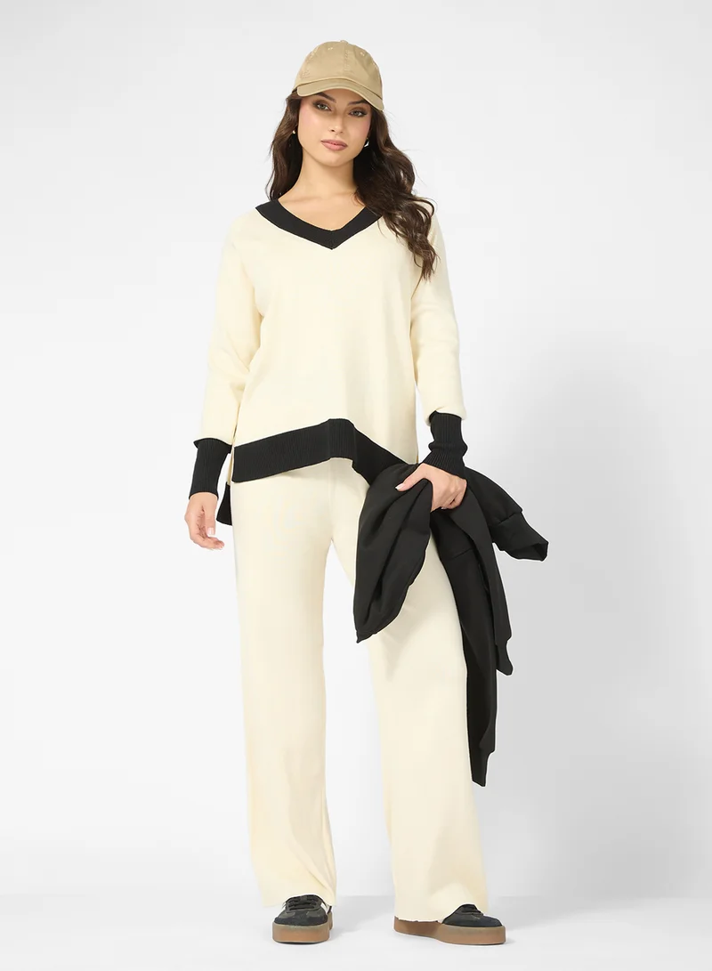 Ginger Contrast Trim Detail V Neck Sweater & Pant Set