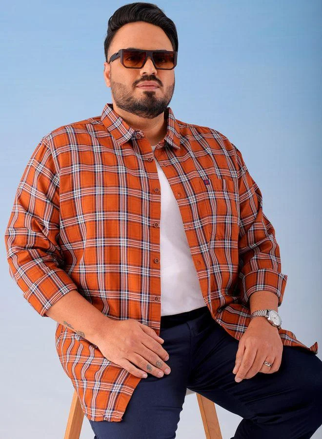 Men Plus Size Regular Fit Checkered Cutaway Collar Full Sleeves Casual Shirt