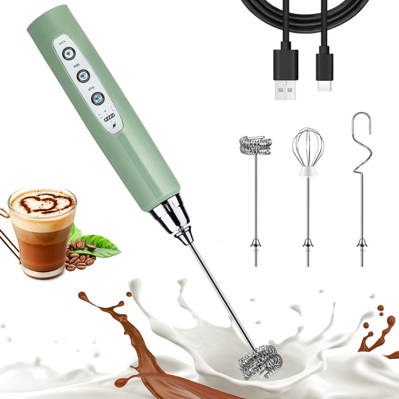 Nahida Granite Green Milk Frother Wand for Coffee Frother Handheld Rechargeable Electric Whisk with 3 Heads 3 Speeds Drink Mixer Coffee Frother Foam Maker For Latte Cappuccino Hot Chocolate Egg