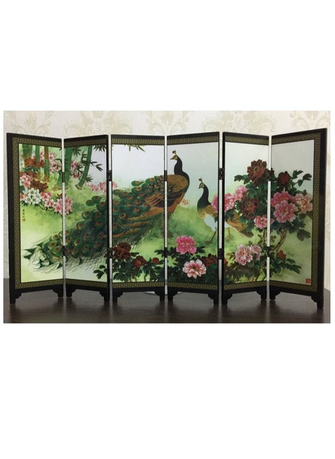 Chinese Style Retro Wooden 6-Piece Set Of Peacock Multi-Color Tabletop Ornaments Folding Screen 48x24x0.6cm