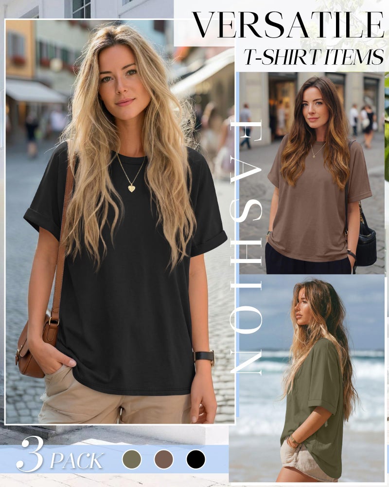 Riyiper 3 Pack Women's Oversized T-Shirt Half Sleeve Summer Tees Casual Loose Fit Crew Neck Basic Tops(Black, Olive Green, Mocha,Medium) - Image 5