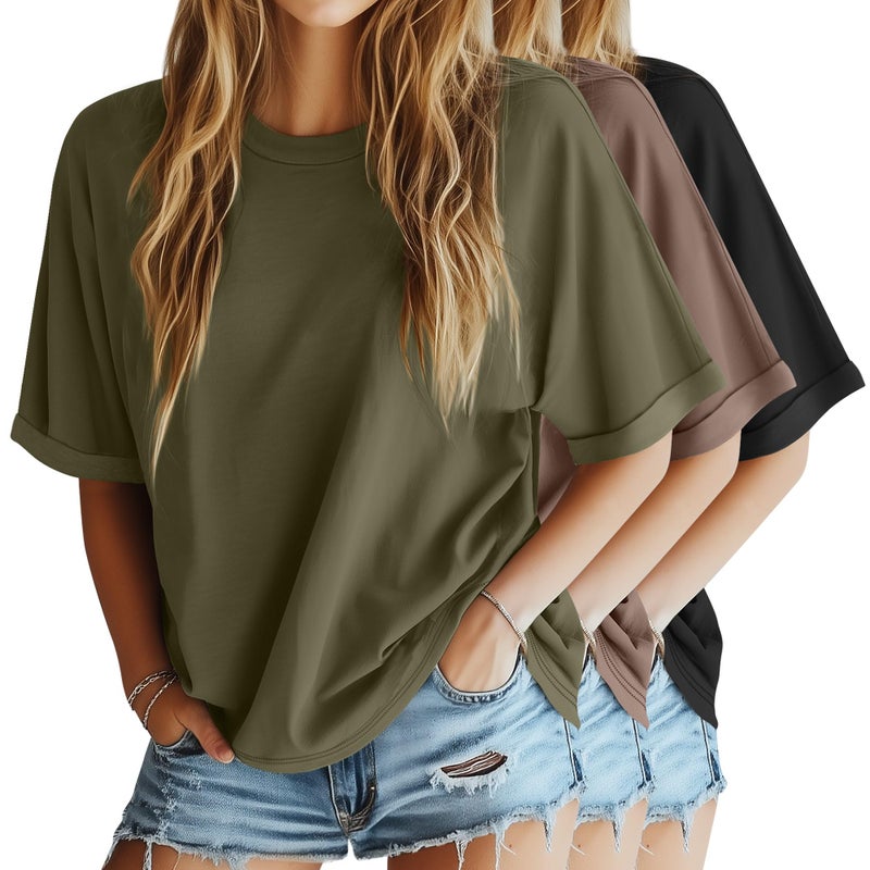 Riyiper 3 Pack Women's Oversized T-Shirt Half Sleeve Summer Tees Casual Loose Fit Crew Neck Basic Tops(Black, Olive Green, Mocha,Medium) - Image 1