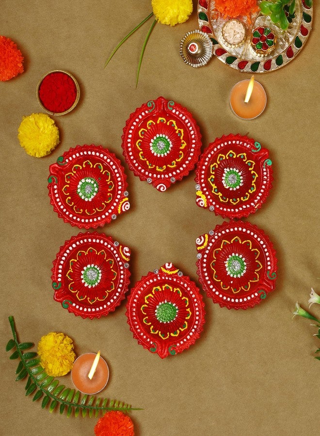 ARTISENIA Handmade Terracoaat Set of 6 Premium Multicolored Clay Diya for Diwali Navratri Decorations Oil Lamp Diwali Clay Diya Tea Light Holder Home Decor Festival Gifts Puja Items - Image 3