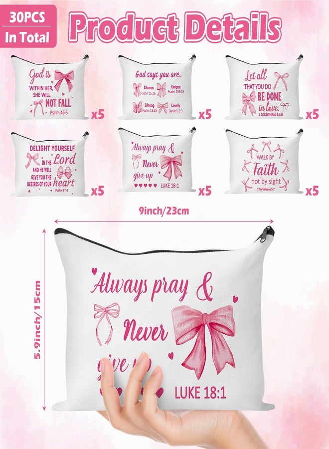 Y1tvei Bow Bible Cosmetic Bags - 30Pcs Pink Coquette Mini Bible Verse Makeup Bag with Zipper, White Canvas Large Capacity Cosmetic Bags Set Gifts Bulk for Women Girls Inspirational Church Party Favors - Image 3