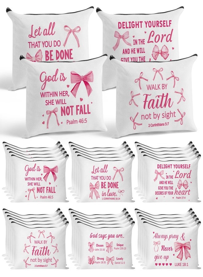 Y1tvei Bow Bible Cosmetic Bags - 30Pcs Pink Coquette Mini Bible Verse Makeup Bag with Zipper, White Canvas Large Capacity Cosmetic Bags Set Gifts Bulk for Women Girls Inspirational Church Party Favors - Image 1