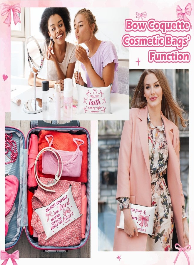 Y1tvei Bow Bible Cosmetic Bags - 30Pcs Pink Coquette Mini Bible Verse Makeup Bag with Zipper, White Canvas Large Capacity Cosmetic Bags Set Gifts Bulk for Women Girls Inspirational Church Party Favors - Image 5