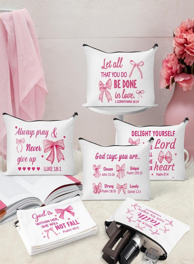 Y1tvei Bow Bible Cosmetic Bags - 30Pcs Pink Coquette Mini Bible Verse Makeup Bag with Zipper, White Canvas Large Capacity Cosmetic Bags Set Gifts Bulk for Women Girls Inspirational Church Party Favors - Image 4