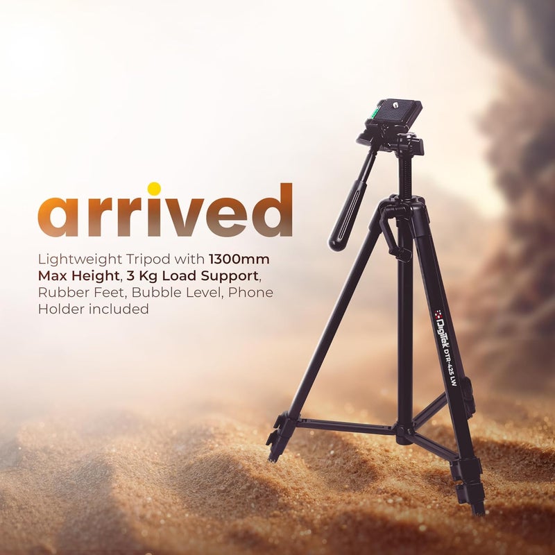 Digitek حامل ثلاثي القوائم محمول (DTR-425 LW) مع حامل هاتف ذكي، ارتفاع 4.26 قدم، رأس سريع التحرير متعدد الاستخدامات، أرجل مطاطية، سعة تحميل 3 كجم، مثالي لكاميرات DSLR وتصوير الهواتف المحمولة - Image 2