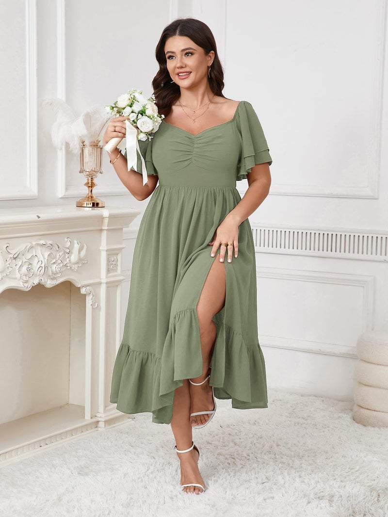 SCOMCHIC Womens Plus Size Wedding Guest Cocktail Dresses Sweetheart Neckline Short Sleeve Smocked Ruffle Slit Maxi Dress Green - Image 4