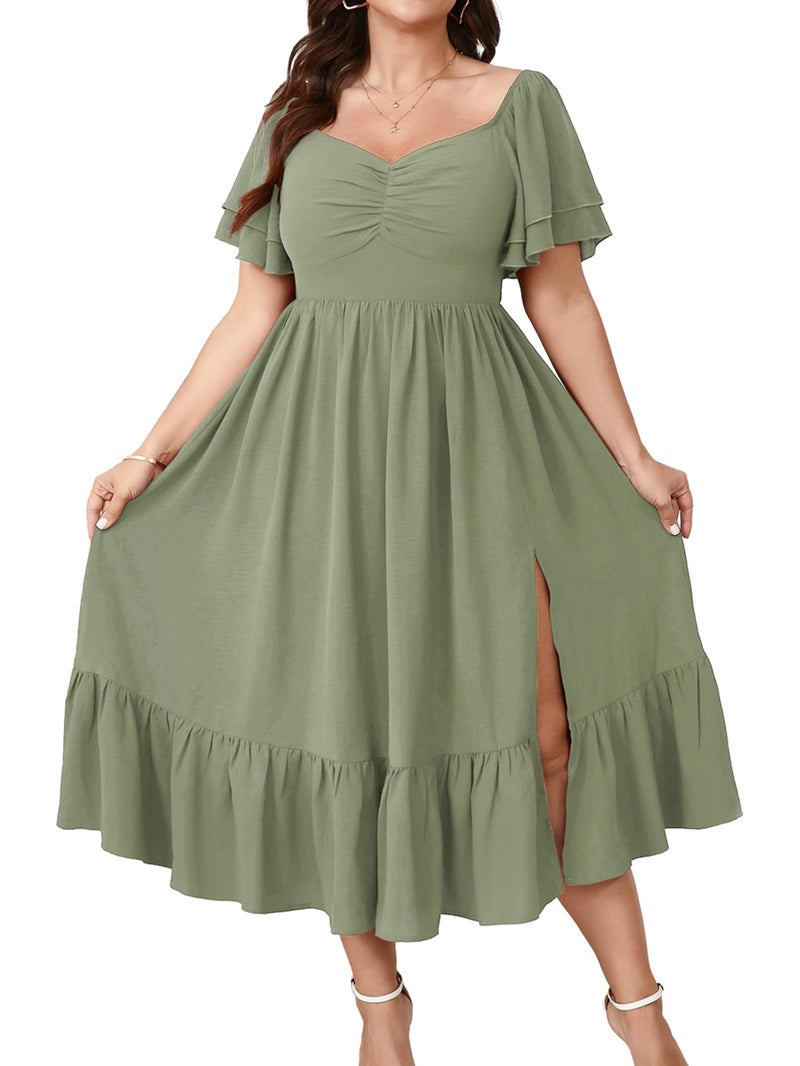 SCOMCHIC Womens Plus Size Wedding Guest Cocktail Dresses Sweetheart Neckline Short Sleeve Smocked Ruffle Slit Maxi Dress Green - Image 1