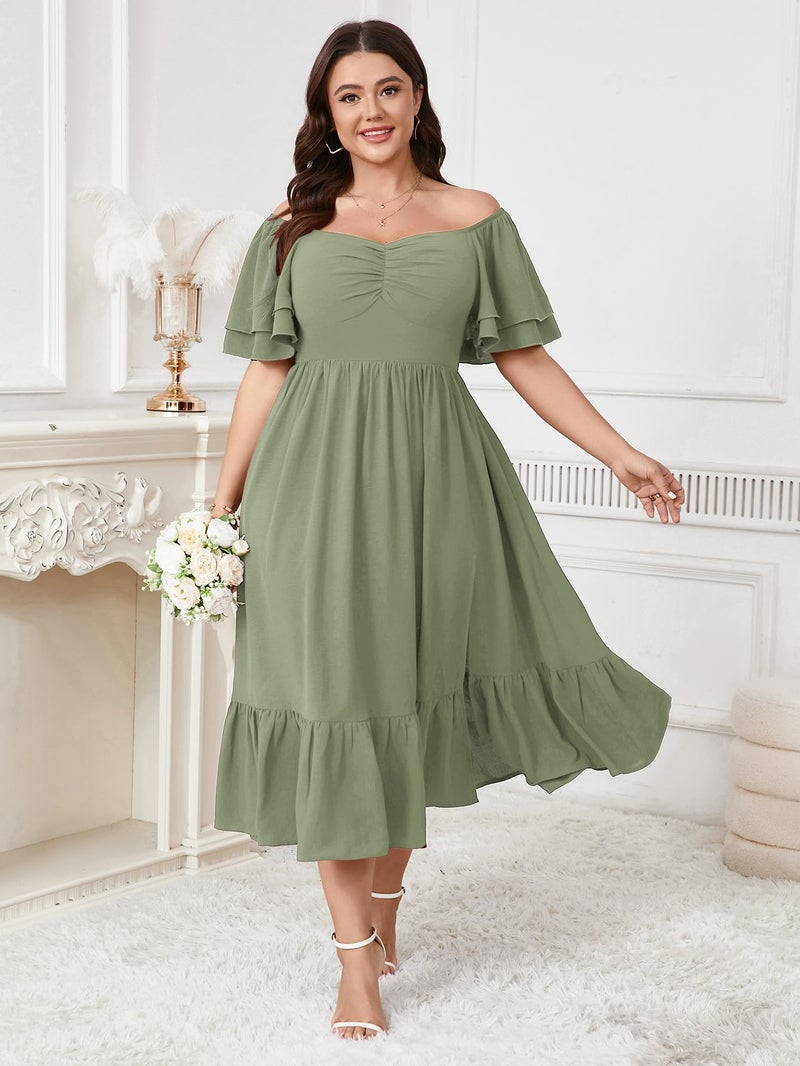 SCOMCHIC Womens Plus Size Wedding Guest Cocktail Dresses Sweetheart Neckline Short Sleeve Smocked Ruffle Slit Maxi Dress Green - Image 5