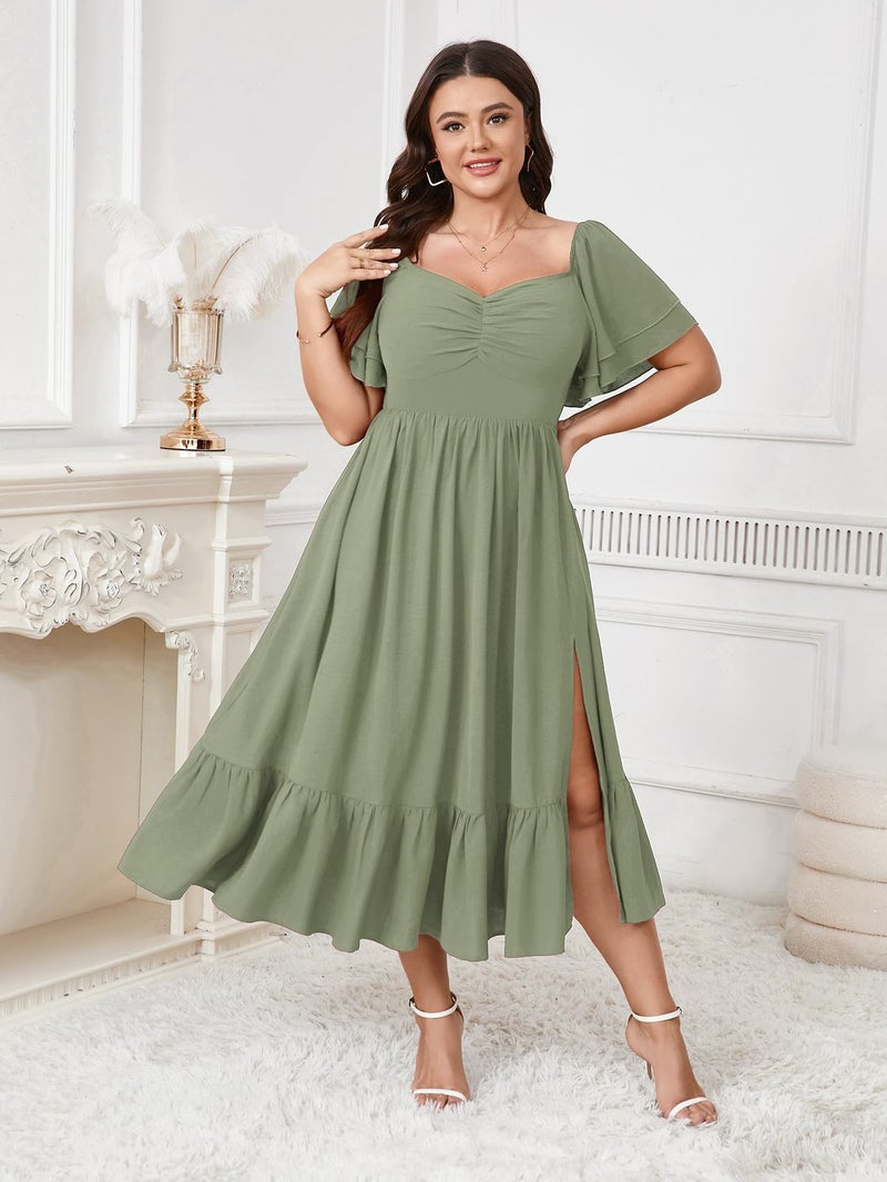 SCOMCHIC Womens Plus Size Wedding Guest Cocktail Dresses Sweetheart Neckline Short Sleeve Smocked Ruffle Slit Maxi Dress Green - Image 2