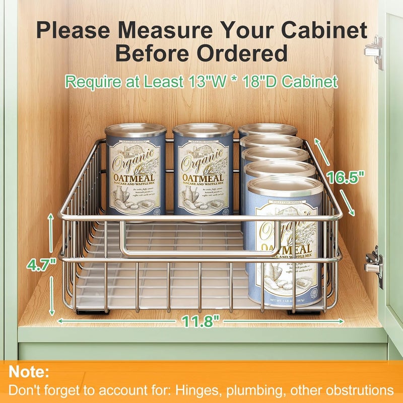 Kitstorack Stainless Steel Pull Out Cabinet Organizer(11.8"W x 16.5"D x 4.7"H)-1 Pack, Minimalist Design Frame, Full-Extension Slide Rails, Easy Installation for Pantry Organizers or Kitchen Cabinet Organizer - Image 2