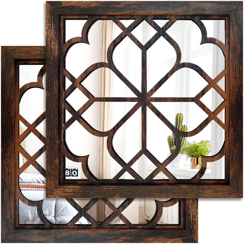 Wocred 2 PCS Square Wall MirrorGorgeous Rustic Farmhouse Accent MirrorCaramel Color Entry Mirror for Bathroom RenovationBedroomsLiving Rooms and More12x12