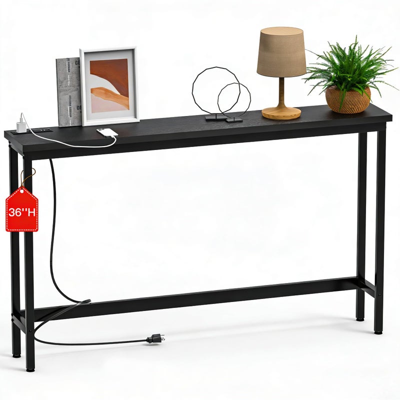 FAMIDGE 35'' High Behind Couch Table, Narrow Console Table with Outlet, Sofa Table for Entryway Hallway, Living Room, Black - Image 1