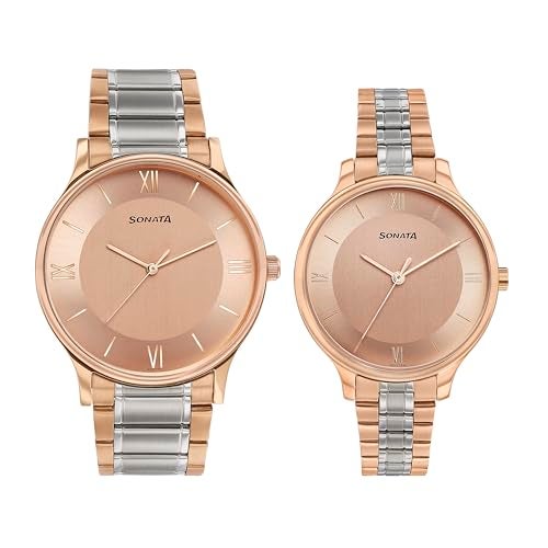 Sonata Modern Bandhan Quartz Analog Pink Dial Stainless Steel Strap Watch for Couple - Image 1