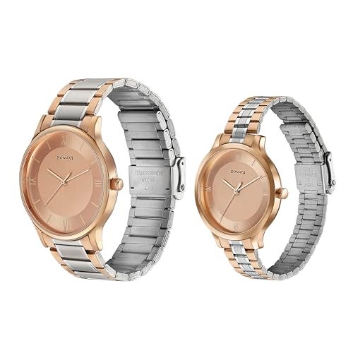 Sonata Modern Bandhan Quartz Analog Pink Dial Stainless Steel Strap Watch for Couple - Image 3