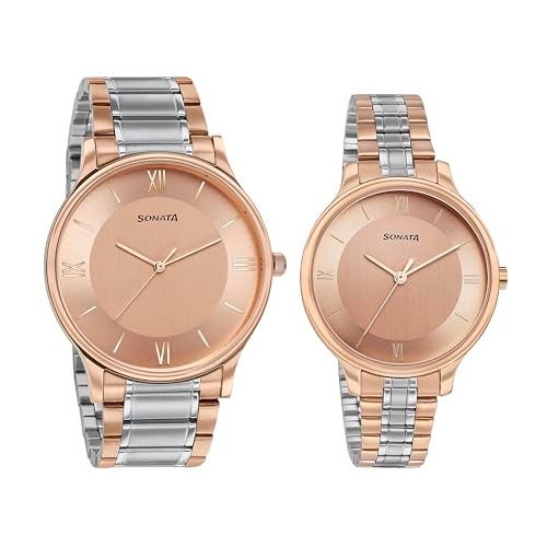 Sonata Modern Bandhan Quartz Analog Pink Dial Stainless Steel Strap Watch for Couple - Image 2