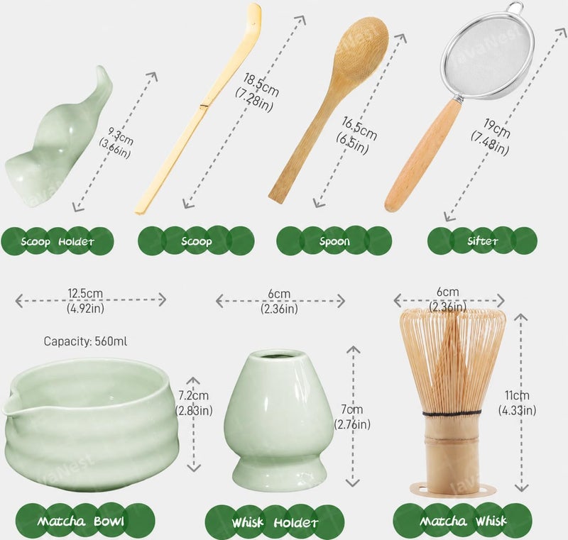 JavaNest 7-Piece Matcha Tea Set with Gift Card – 120-Prong Bamboo Whisk, Ceramic Bowl with Spout, Whisk Holder, Scoop, Spoon, Strainer & Scoop Holder – Ideal Gift for Matcha Lovers (Gradient Green) - Image 2