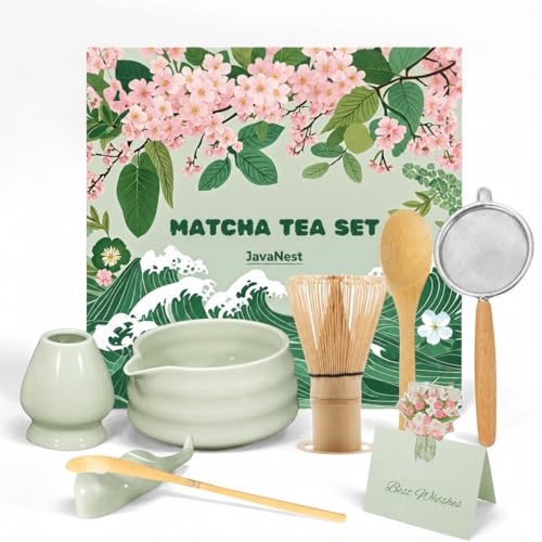 JavaNest 7-Piece Matcha Tea Set with Gift Card – 120-Prong Bamboo Whisk, Ceramic Bowl with Spout, Whisk Holder, Scoop, Spoon, Strainer & Scoop Holder – Ideal Gift for Matcha Lovers (Gradient Green) - Image 1