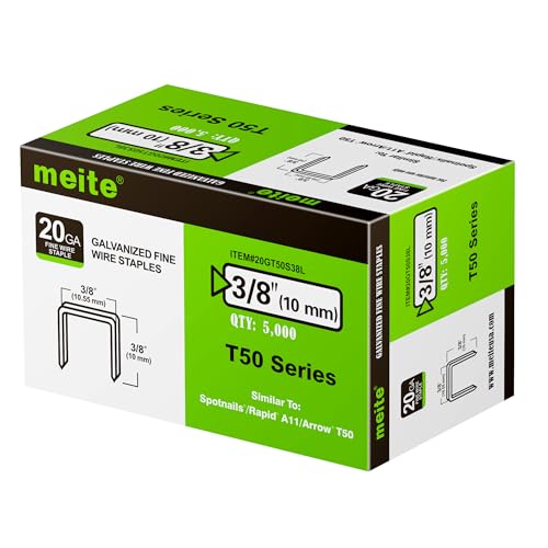 Meite دبابيس ميتي T50، بطول 3/8 بوصة، دبابيس ثقيلة للآلة الدبابيس، مجلفنة، 20 قياس، تاج 3/8 بوصة، متوافقة مع آلة الدبابيس T50، مثالية للتنجيد، البناء، الأثاث (5,000 قطعة) - Image 1