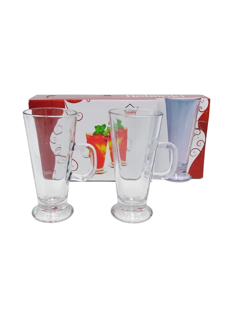 Timmy Glass Mug 290ML 3 Piece Set - Clear Footed Beverage Glasses with Handle for Tea, Coffee, Juice and Dessert Drinks - Premium Quality Durable Glassware for Home, Kitchen and Office Use