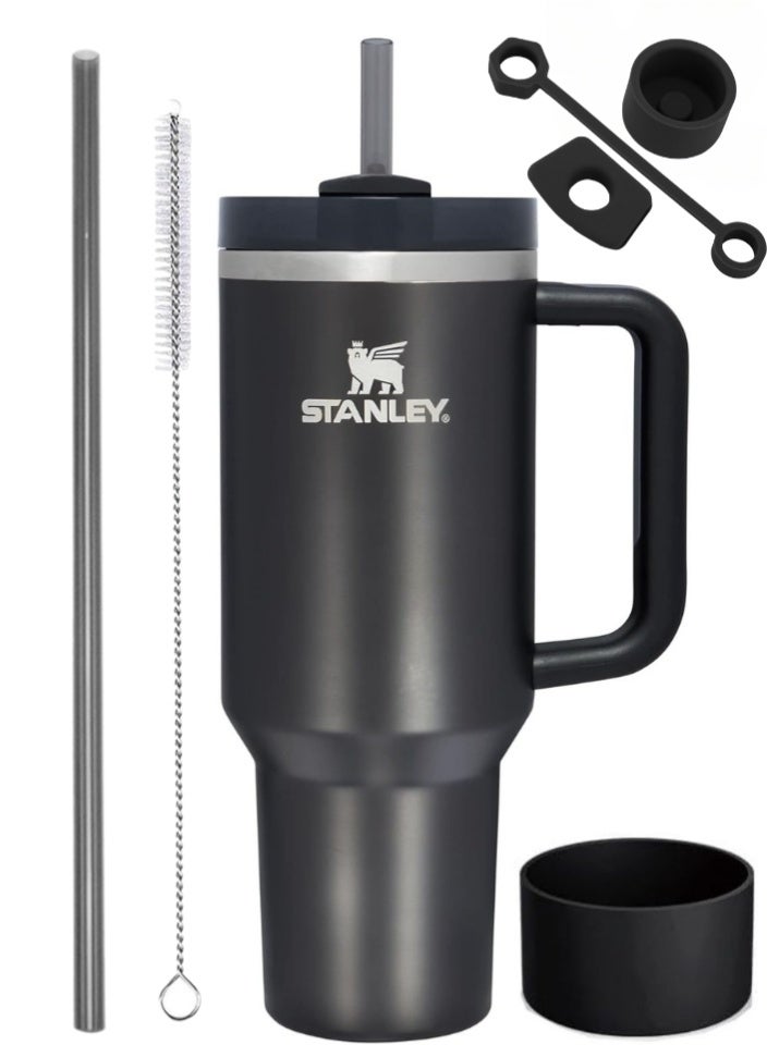 ستانلي كوب ستانلي سعة ٤٠ أونصة | زجاجة ماء سوداء من الفولاذ المقاوم للصدأ مع ماصتين، طقم مانع للانسكاب، جراب مانع للانزلاق، فرشاة ماصة | كوب سفر ستانلي ومجموعة هدايا - Image 1