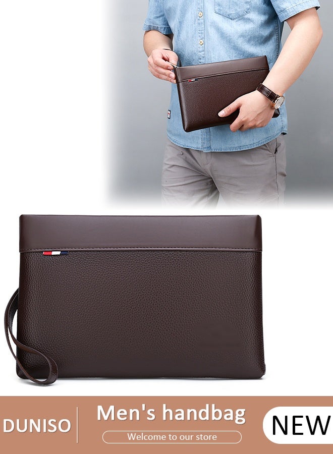DUNISO Men’s Clutch Purse Handbags，Men's Leather Clutch Wallet - Large Capacity Wearproof   Envelope Handbag with Wrist Strap for Business，Travel, Soft  Organizer for Phone, Cards, Cash - Image 1