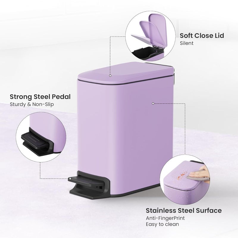 Cesun Small Bathroom Trash Can with Lid Soft Close, Step Pedal, 6 Liter / 1.6 Gallon Stainless Steel Garbage Can with Removable Inner Bucket, Anti-Fingerprint Finish (Purple) - Image 4