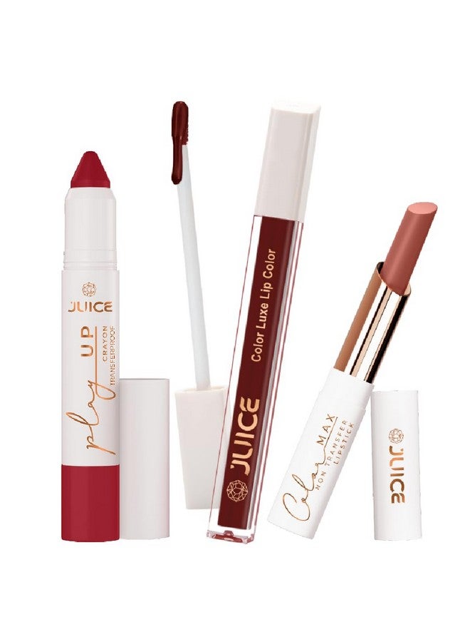 Juice Long Lasting, 3pc Lipstick Combo Set For Women(Red-y Set Go-MCR08 Lip Crayon, Lucky Red-M10 Liquid Lipstick, Muted Whisper-M20 Slim Stick) - Image 1