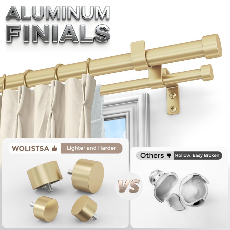 Wolistsa Gold Double Curtain Rod, 36 to 72 Inch Dual Curtain Rods with Aluminium Modern End Cap Finials, 1 Inch Adjustable Heavy Duty Window Treatment Rods, Telescopic Metal Double Drapery Pole Set - Image 2