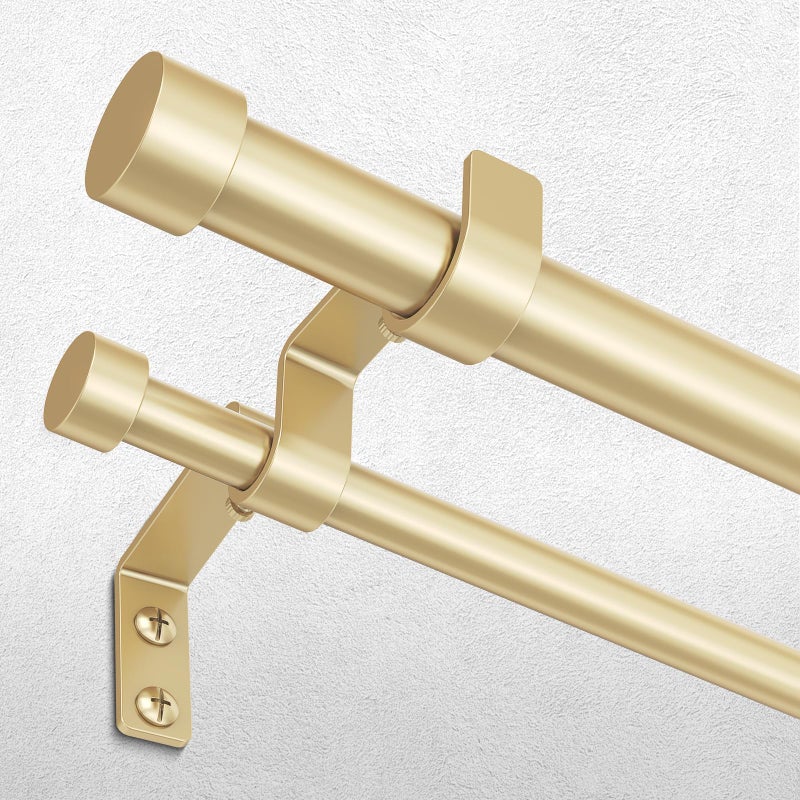 Wolistsa Gold Double Curtain Rod, 36 to 72 Inch Dual Curtain Rods with Aluminium Modern End Cap Finials, 1 Inch Adjustable Heavy Duty Window Treatment Rods, Telescopic Metal Double Drapery Pole Set - Image 1
