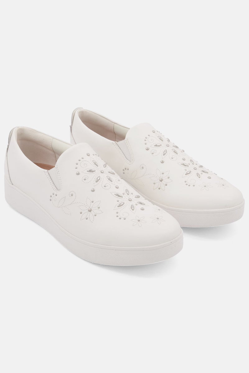 FitFlop Women Slip On Sania Skate Flower Stud Shoes, White - Image 1
