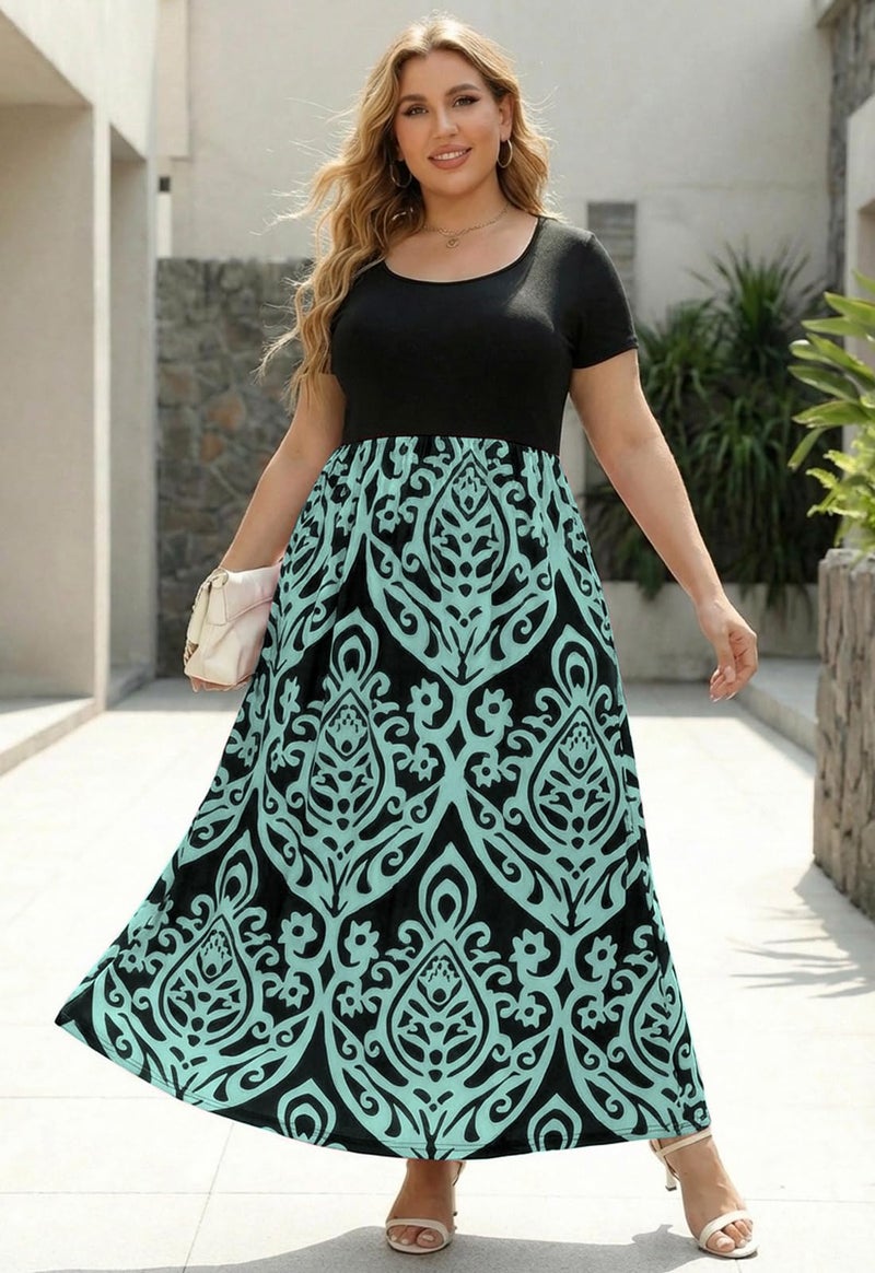 Nemidor Plus Size Maxi Dresses for Curvy Women Casual Summer Short Sleeve Chevron Print Long Dress with Pocket 14-26(155,24,Blue) - Image 4