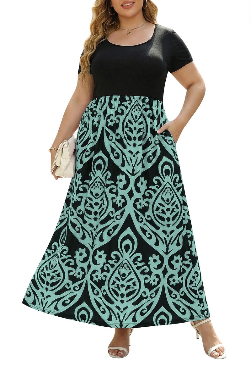 Nemidor Plus Size Maxi Dresses for Curvy Women Casual Summer Short Sleeve Chevron Print Long Dress with Pocket 14-26(155,24,Blue) - Image 1