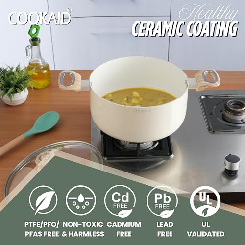 COOKAID Casserole with Lid 4.8 LTR | Casserole for Cooking and Serving | Ceramic Non Stick Coating | ISI Certified | Aluminium Body | Induction & Gas Stove Compatible | Velora - Cream - Image 3