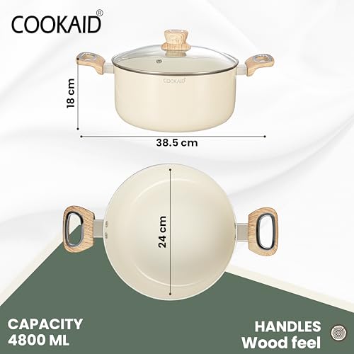 COOKAID Casserole with Lid 4.8 LTR | Casserole for Cooking and Serving | Ceramic Non Stick Coating | ISI Certified | Aluminium Body | Induction & Gas Stove Compatible | Velora - Cream - Image 2