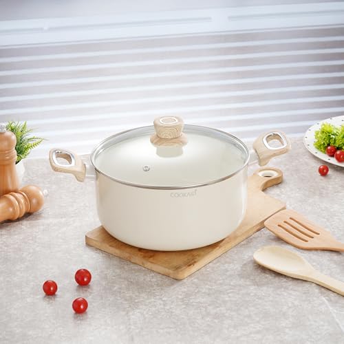 COOKAID Casserole with Lid 4.8 LTR | Casserole for Cooking and Serving | Ceramic Non Stick Coating | ISI Certified | Aluminium Body | Induction & Gas Stove Compatible | Velora - Cream - Image 1
