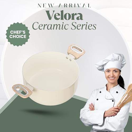 COOKAID Casserole with Lid 4.8 LTR | Casserole for Cooking and Serving | Ceramic Non Stick Coating | ISI Certified | Aluminium Body | Induction & Gas Stove Compatible | Velora - Cream - Image 5