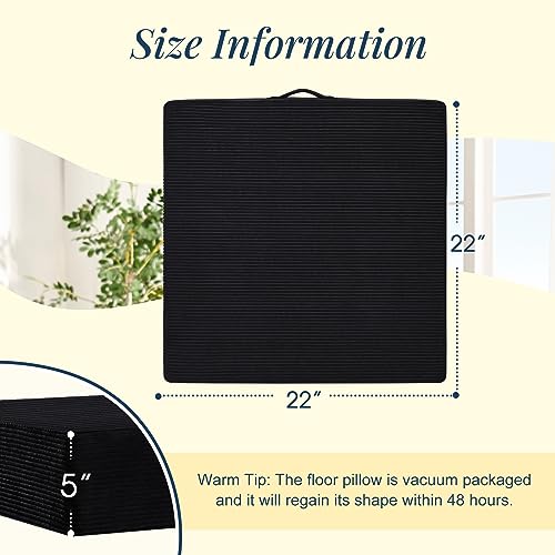 Wellsin Solid Square Floor Pillows for Adults Kids - Large Meditation Floor Pillow Seating Cushion with Thick Foam & Washable Velvet Cover, 2 Pack, 22x22x5 Inch, Black - Image 5