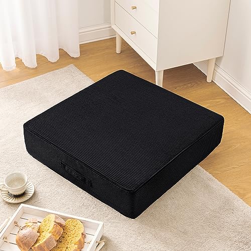Wellsin Solid Square Floor Pillows for Adults Kids - Large Meditation Floor Pillow Seating Cushion with Thick Foam & Washable Velvet Cover, 2 Pack, 22x22x5 Inch, Black - Image 2