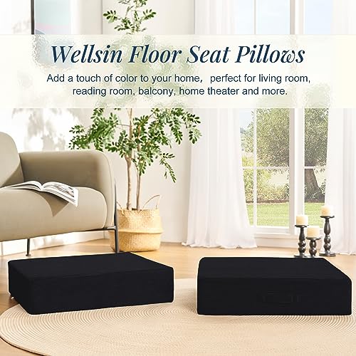 Wellsin Solid Square Floor Pillows for Adults Kids - Large Meditation Floor Pillow Seating Cushion with Thick Foam & Washable Velvet Cover, 2 Pack, 22x22x5 Inch, Black - Image 3