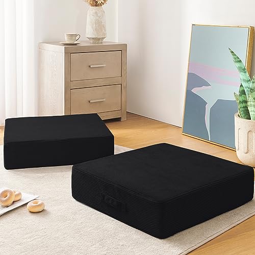 Wellsin Solid Square Floor Pillows for Adults Kids - Large Meditation Floor Pillow Seating Cushion with Thick Foam & Washable Velvet Cover, 2 Pack, 22x22x5 Inch, Black - Image 1