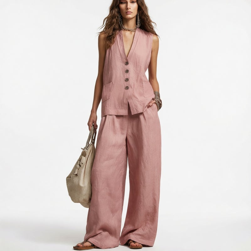 Women's Linen Vest And Wide Leg Pants Set Summer Casual Co Ord Set