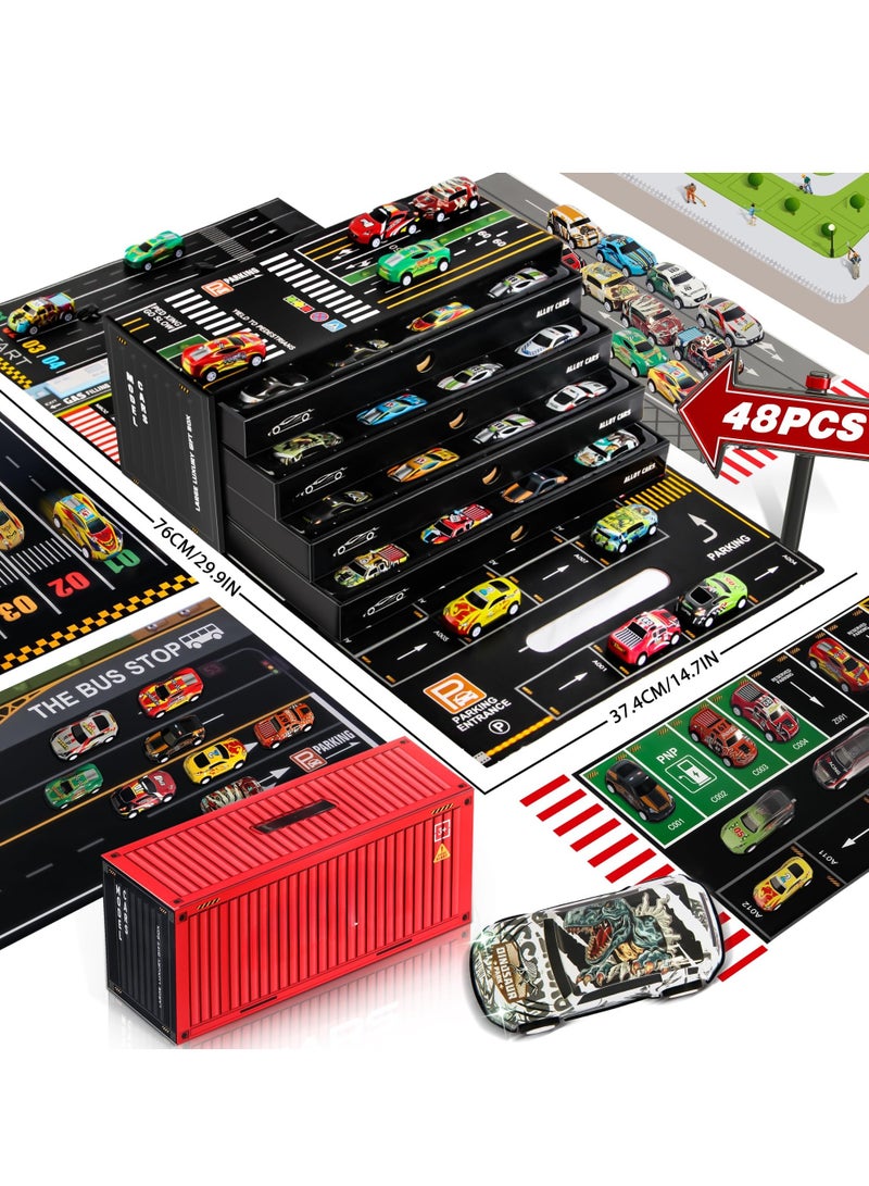 XiuWoo 48pc Pull Back Race Cars Toys, Container Storage Box, Die Cast Metal Toy Cars Set, Dinosaur Racing Pattern, Race Car Party Favors, Small Cars for Toddlers 3-5 - Image 1