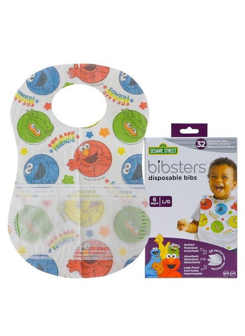 Sesame Street Large Disposable Bibs With Patented Crumb Catcher Leakproof Liner And Reusable Fastener Age 6 Months And Up 32 Count (Pack Of 1)
