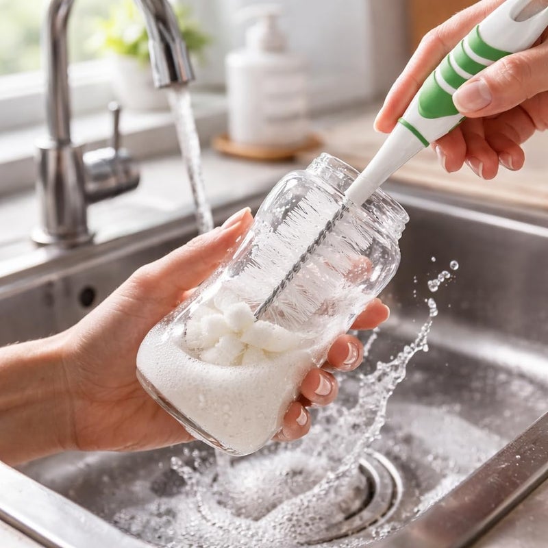 Bottle Cleaning Brush – 2-in-1 Deep Scrubber with Soft Foam Tip – Flexible Bristles – Non-Slip Comfort Grip – for Bottles, Cups & Tumblers (Green) - Image 2